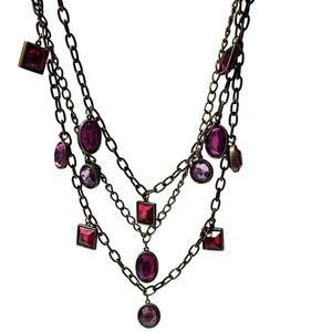 Vintage Multilayered Chain Necklace Red Purple Gems Antique Gold Tone Finish